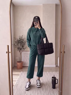 بسته 2 عددی هودی شلوار دورس دو نخ پنبه 30  آیکان رنگ سبز یشمی کد 00089